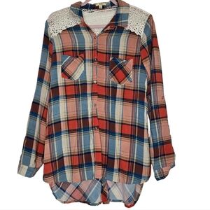Kori Long Sleeve Plaid Button Up Lace Detail
